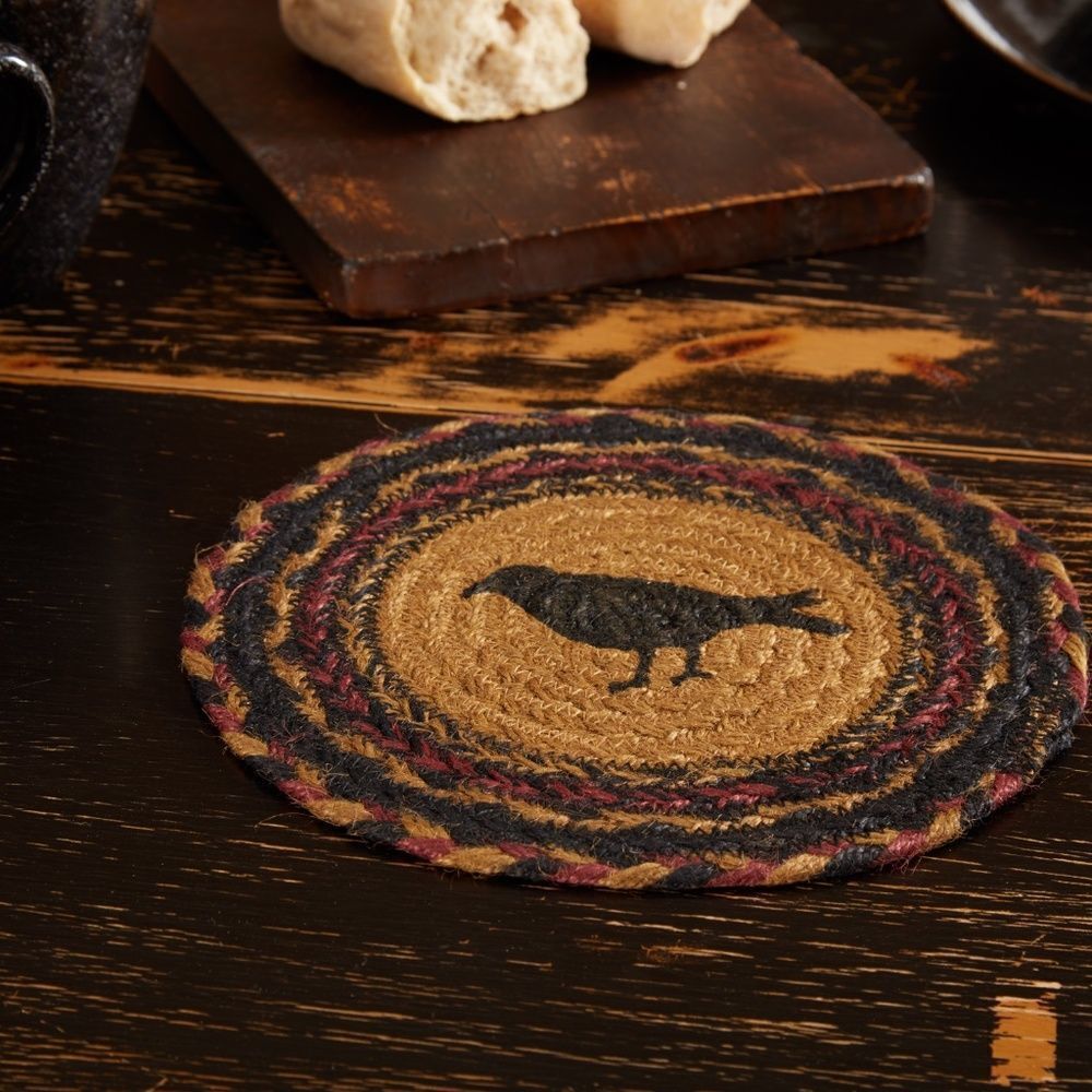 Country Primitive Old Crow Jute Braided 8 inch Table Trivet Fall Raven